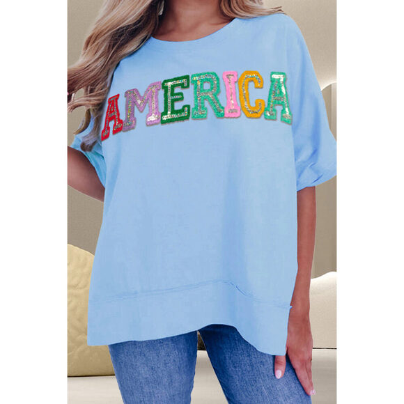 AMERICA Sequin Round Neck Half Sleeve T-Shirt - Picture 1 of 3